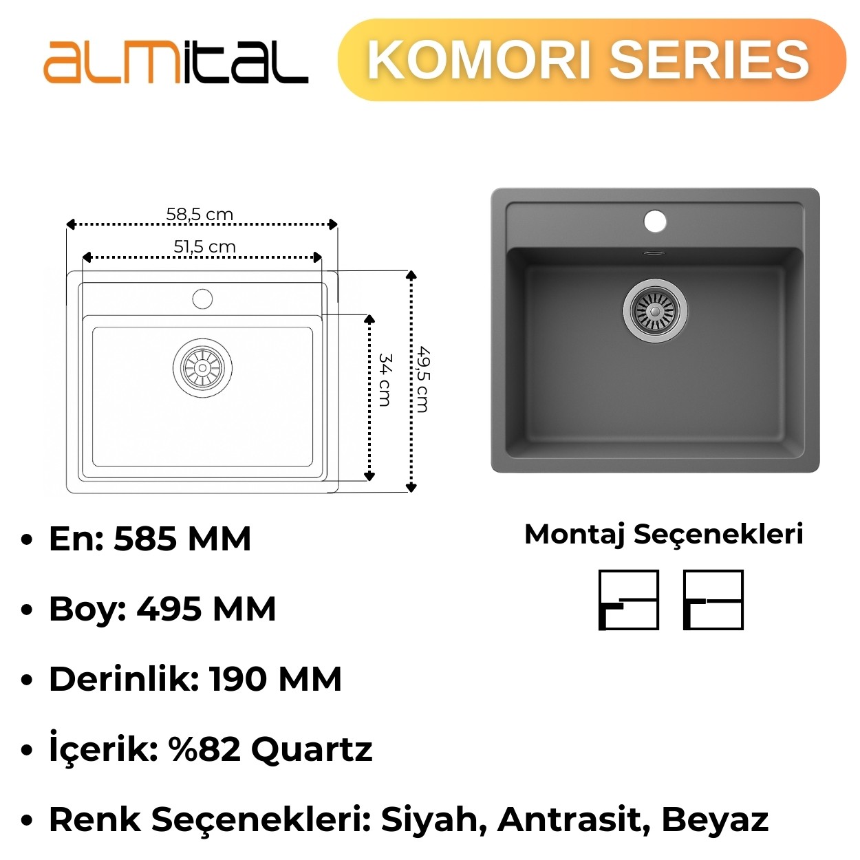 Granit Evye KOMORI Series Anthracite 58,5x49,5 (ANTRASİT) 