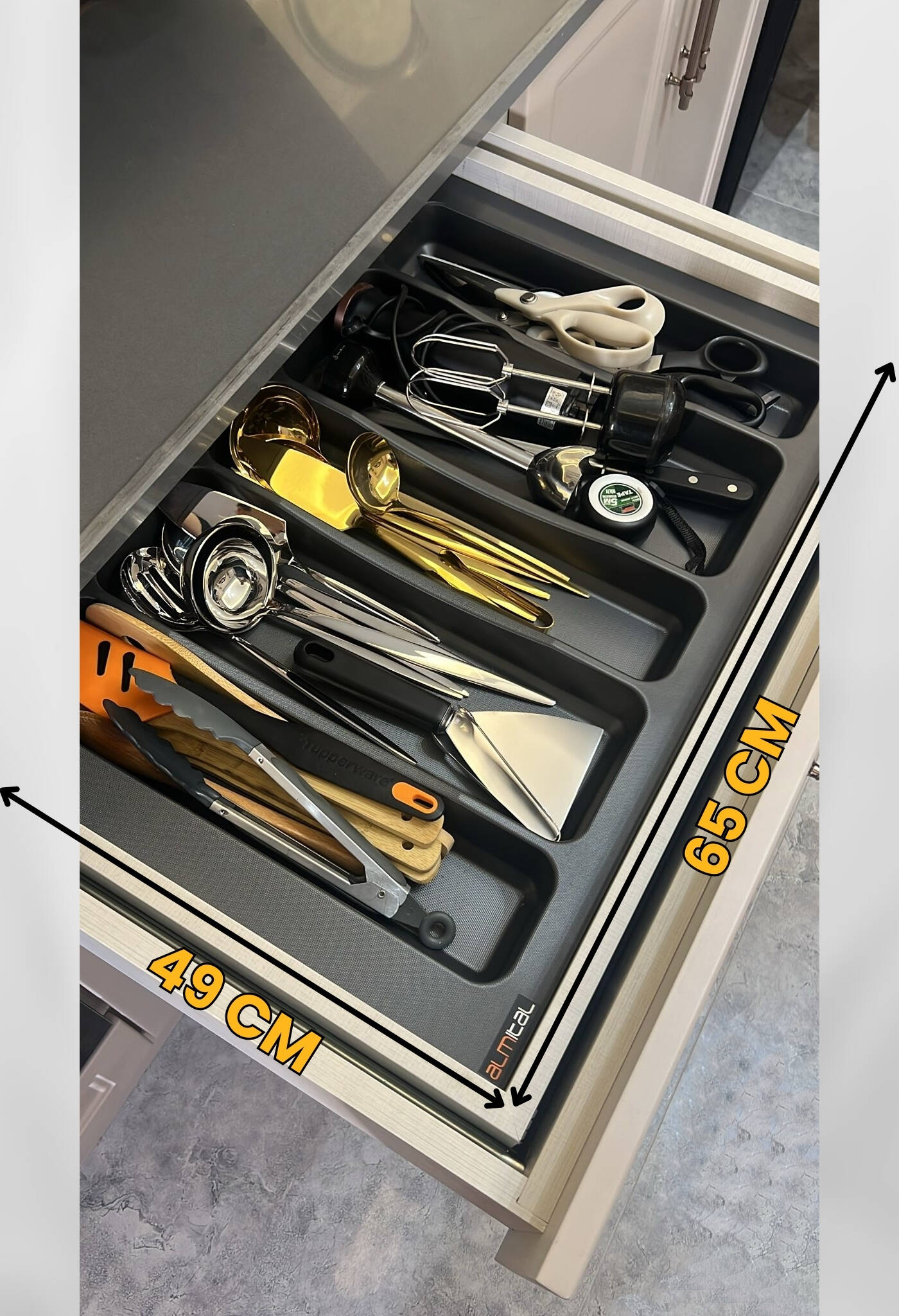 65x49 CM. 5 BÖLMELİ Gri Çekmece İçi Düzenleyici Kepçelik (60x40 Cm'e kadar kesilr) Ücretsiz Kesim