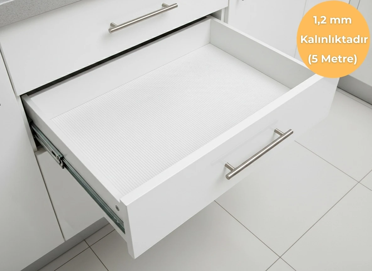 Almital 48 Cm X 5 M Beyaz Çizgi Desenli Suni Deri, Çekmece içi Kaydırmaz Çekmece Halısı, raf örtüsü