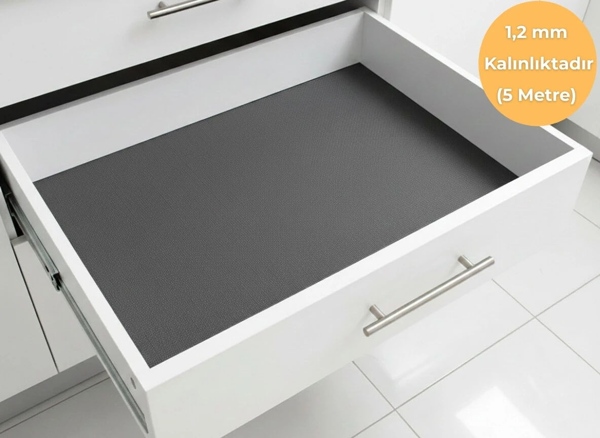 48 cm x 5 m - Antrasit suni deri, kumaş desenli, Çekmece İçi Kaydırmaz Halı , Raf Örtüsü