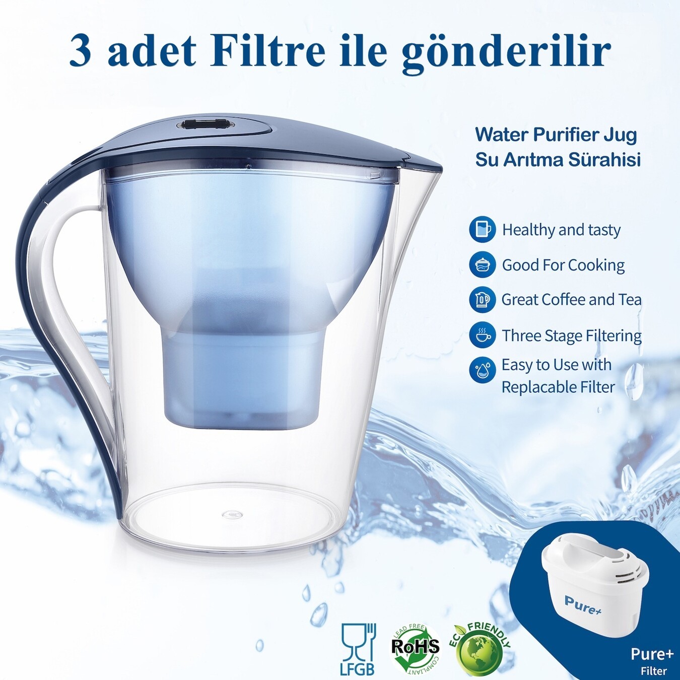 Su Arıtma Sürahisi Gün Sayacı Göstergeli + 3 Adet Filtre I Pure+ ve Maxtra+ Filtreleri ile Uyumlu