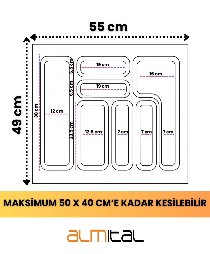 55x49 cm antrasit antibakteriyel kaşıklık, istediğiniz ölçüde ücretsiz kesim, çekmece içi kaşıklık