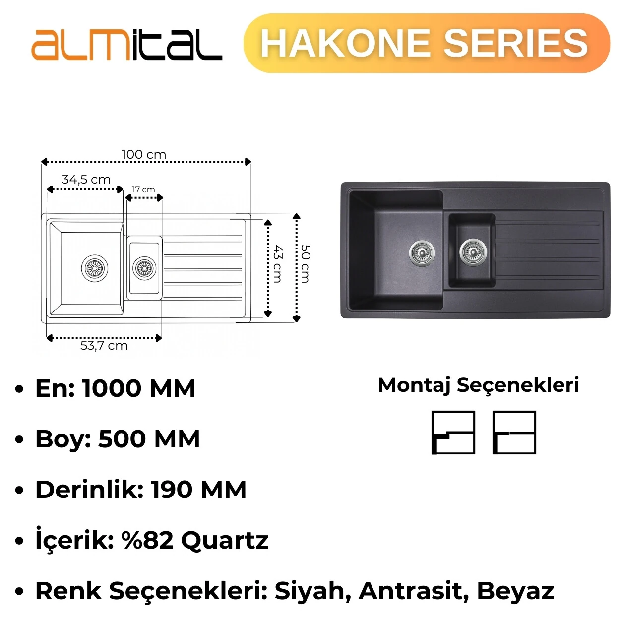 Granit Evye HAKONE Series Black 100x50 (SİYAH) 