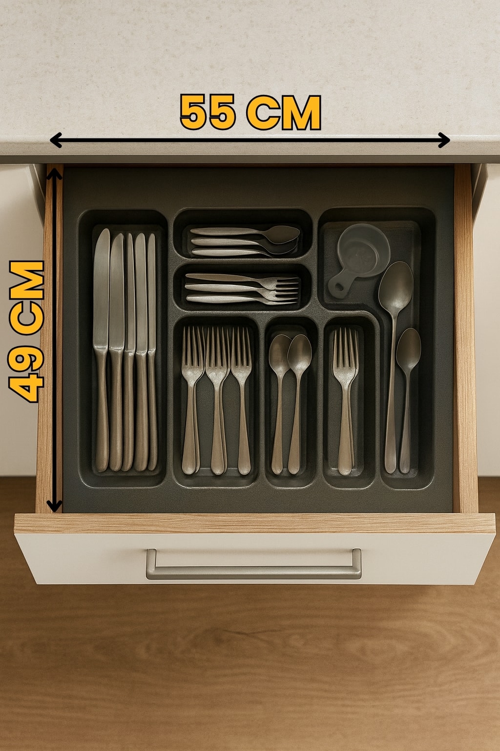 55x49 cm antrasit antibakteriyel kaşıklık, istediğiniz ölçüde ücretsiz kesim, çekmece içi kaşıklık