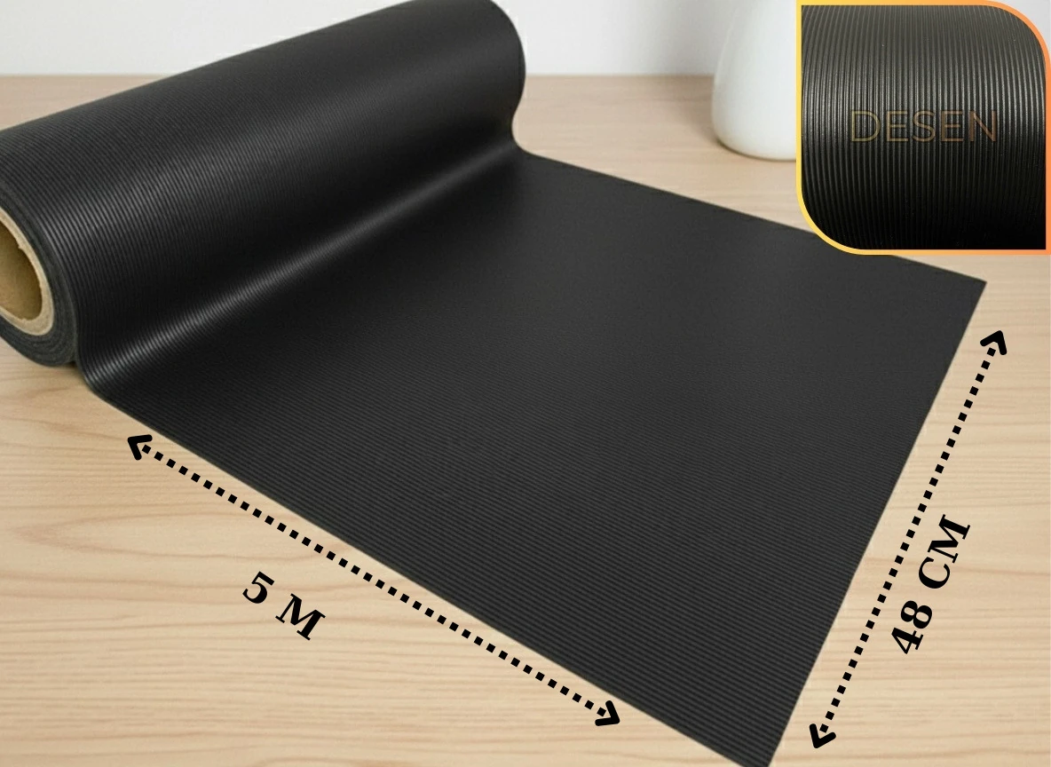 ALMITAL 48 Cm X 5 M Siyah Çizgi Desenli Suni Deri, Çekmece içi Kaydırmaz Çekmece Halısı, , raf örtüsü