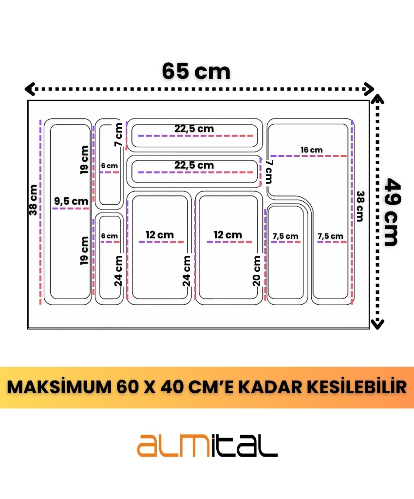 66x49 cm antrasit antibakteriyel kaşıklık, istediğiniz ölçüde ücretsiz kesim, çekmece içi kaşıklık