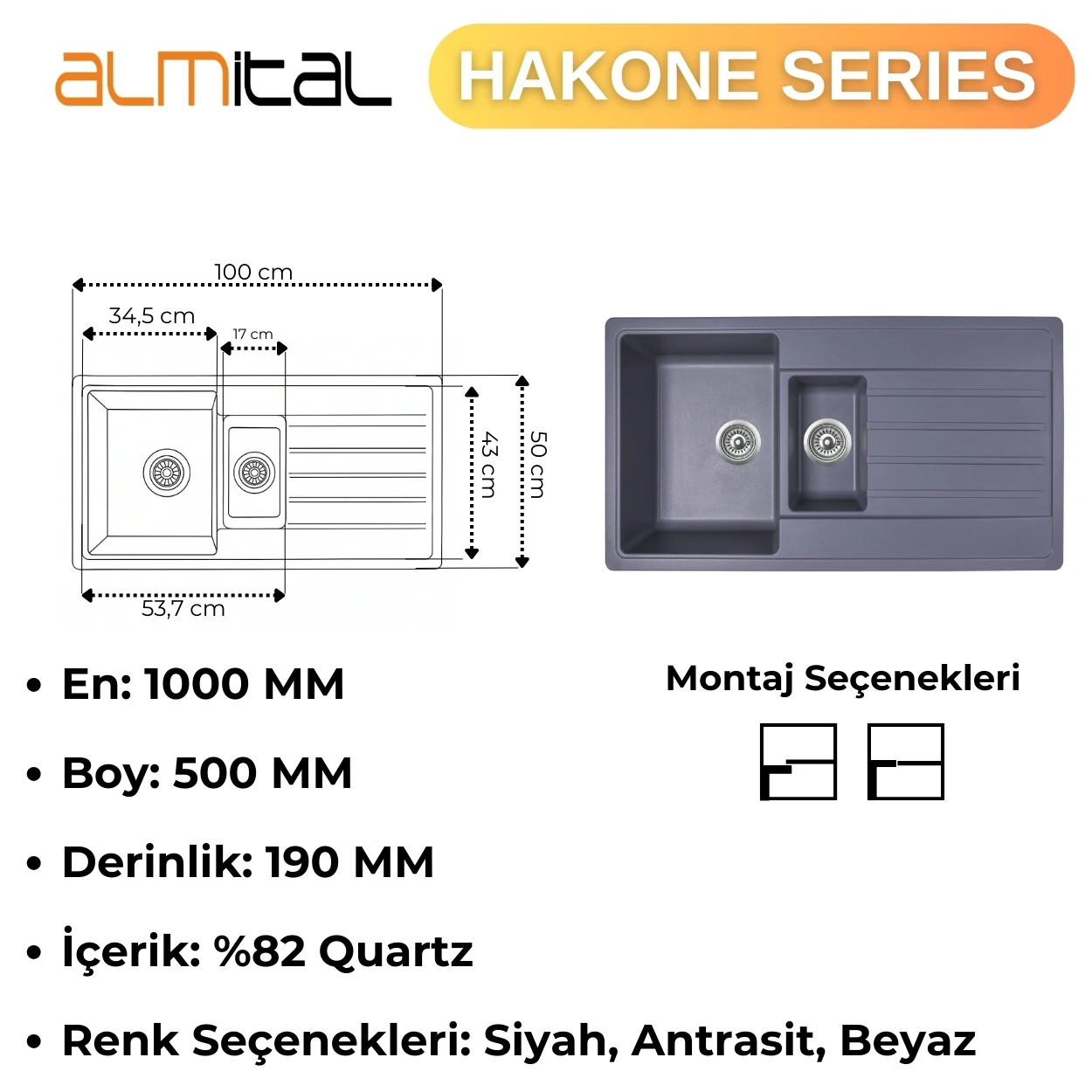 Granit Evye HAKONE Series Anthracite 100x50 (ANTRASİT) 
