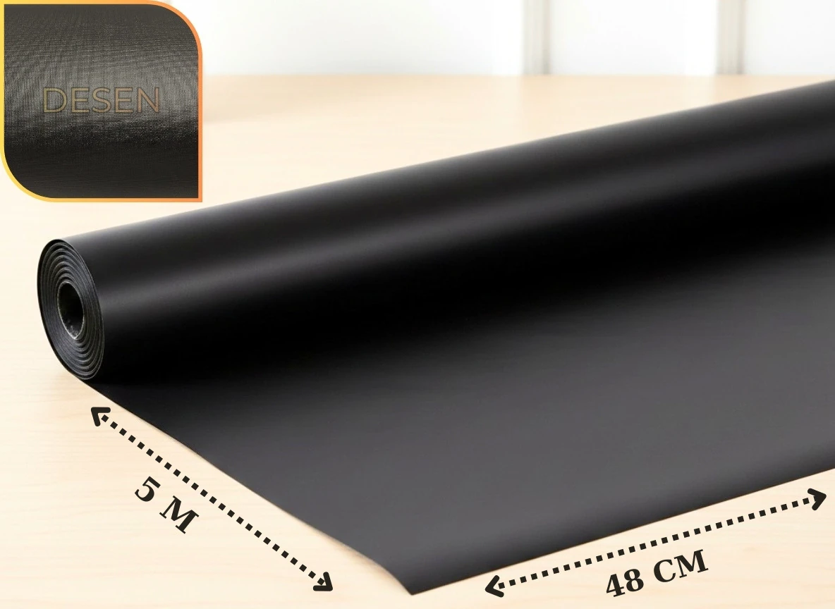 48 cm x 5 metre - SİYAH - KUMAŞ DESENLİ - SUNİ DERİ Çekmece İçi Kaydırmaz Halı , çekmece halısı