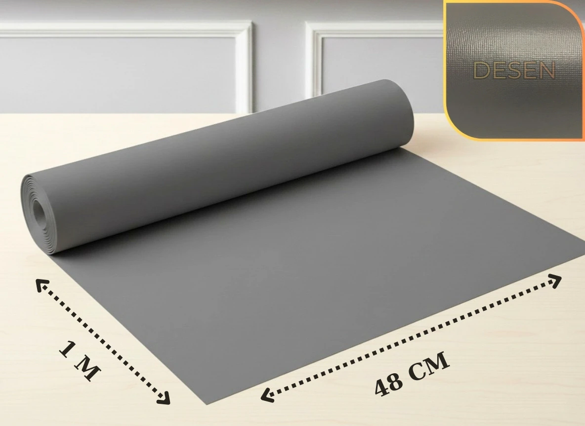 48 cm x 1 m - ANTRASIT - KUMAŞ DESENLİ - SUNİ DERİ Çekmece İçi Kaydırmaz Halı , çekmece halısı