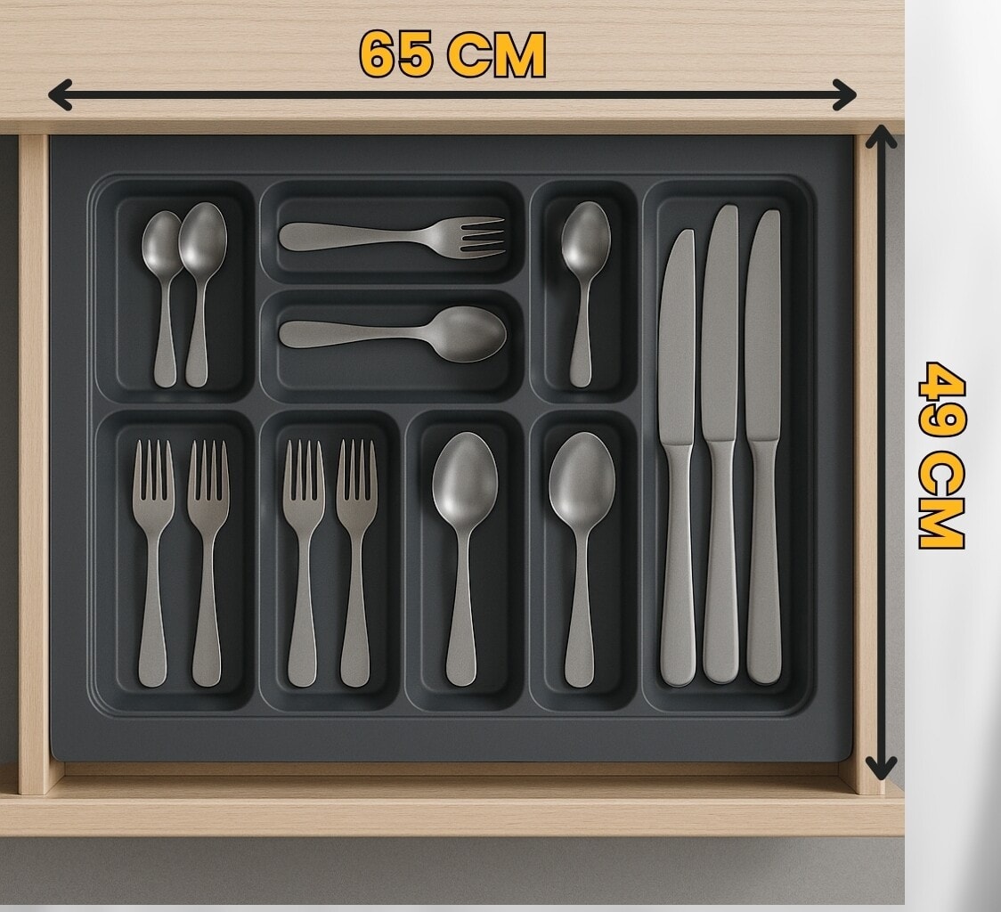  65x49 cm. 9 Gözlü Antrasit Çekmece Içi Kaşıklık 54*41 Cm'e Kadar Kesebilirsiniz