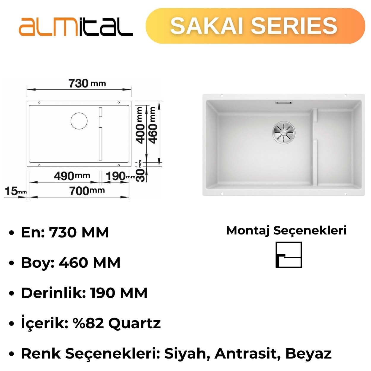 Granit Evye Sakai Series White 73x46 (BEYAZ) Mutfak Eviyesi, Sepet Hazneli