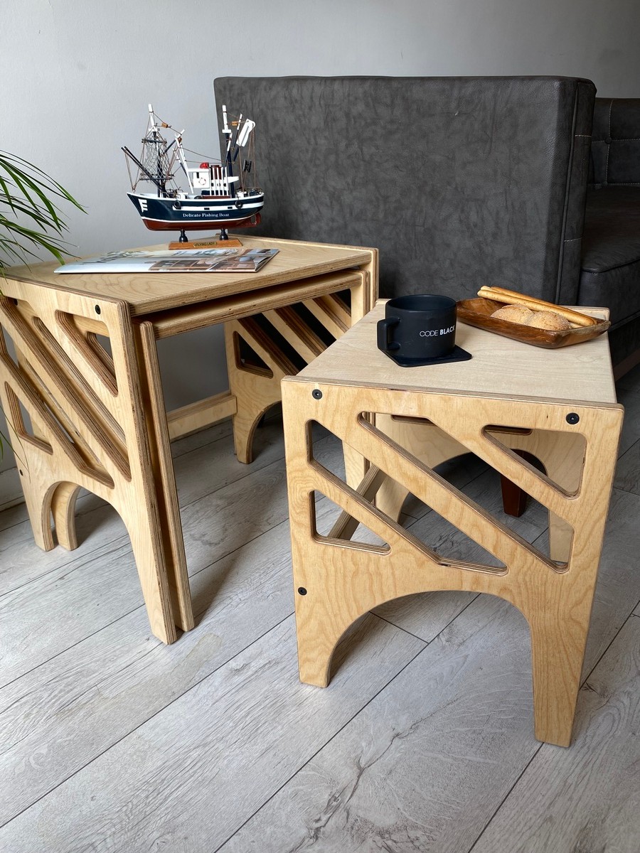 3'lü Huş Ağacı Plywood Folki Zigon Sehpa, Sehpa, Orta Sehpa, Yan Sehpa