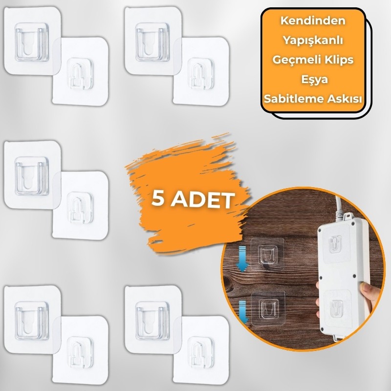 Kuriton 5 SET Geçmeli Klips, Kendinden Yapışkanlı Eşya Sabitleme Askısı