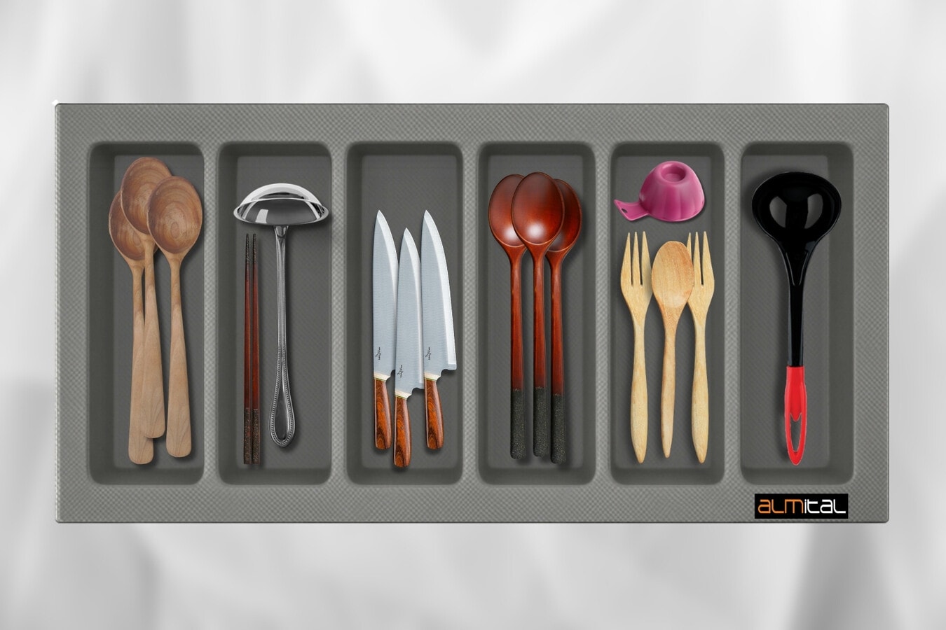 85x49 Cm. 6 Bölmeli Gri Çekmece İçi Düzenleyici Kepçelik (78*40 CM'E KADAR KESİLR) Ücretsiz Kesim