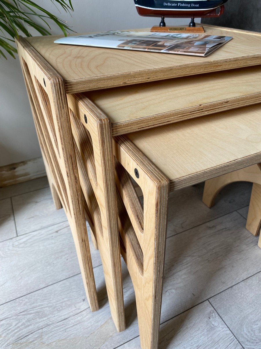 3'lü Huş Ağacı Plywood Folki Zigon Sehpa, Sehpa, Orta Sehpa, Yan Sehpa