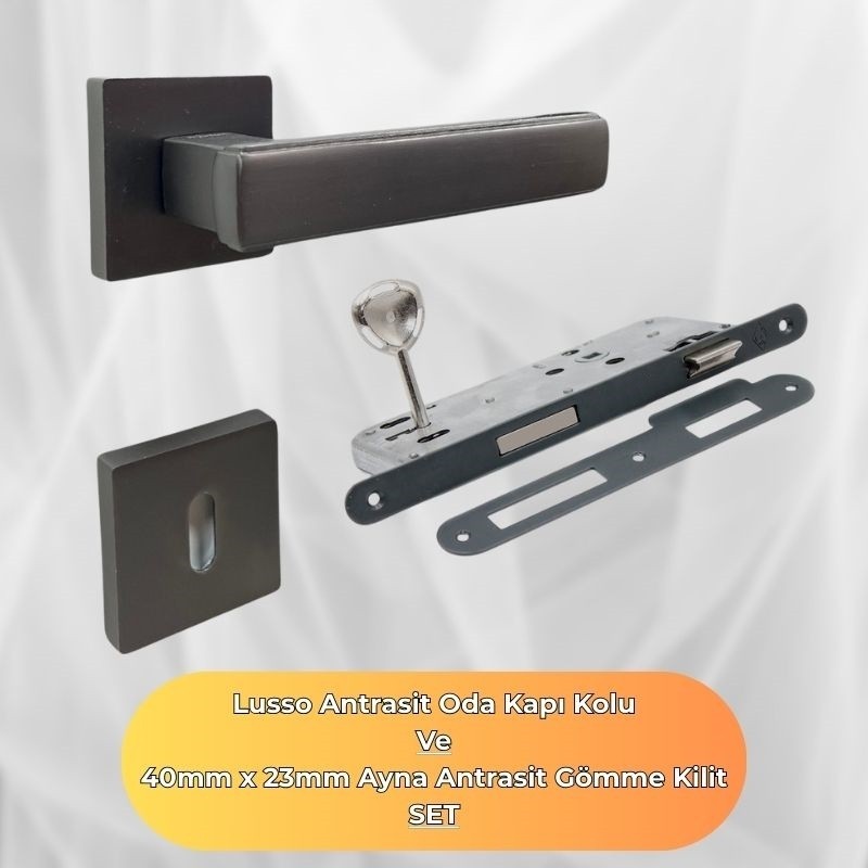Lusso Antrasit Kare Rozetli Oda Kapı Kolu ve 40X23mm Antrasit Oda Gömme Kilit Set
