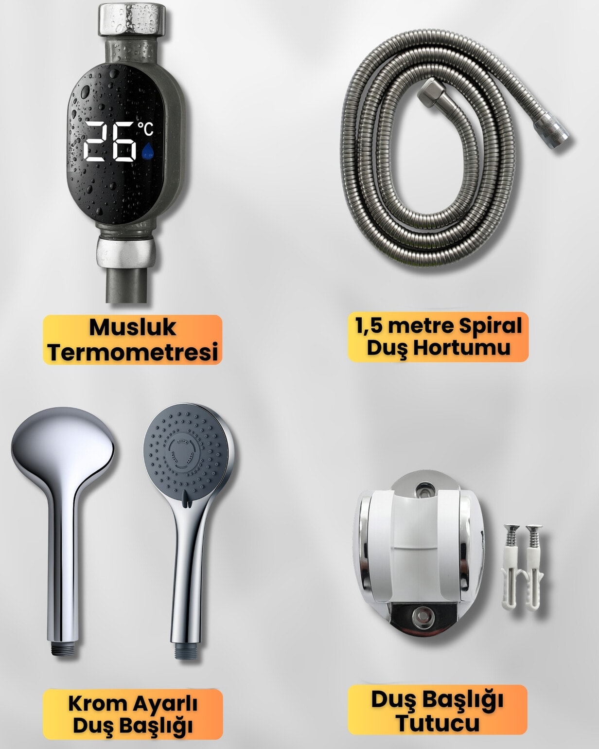 Setti Docia, Krom Duş Seti, 5 Kademe Ayarlı Başlık, Mafsal, Spiral Hortum 