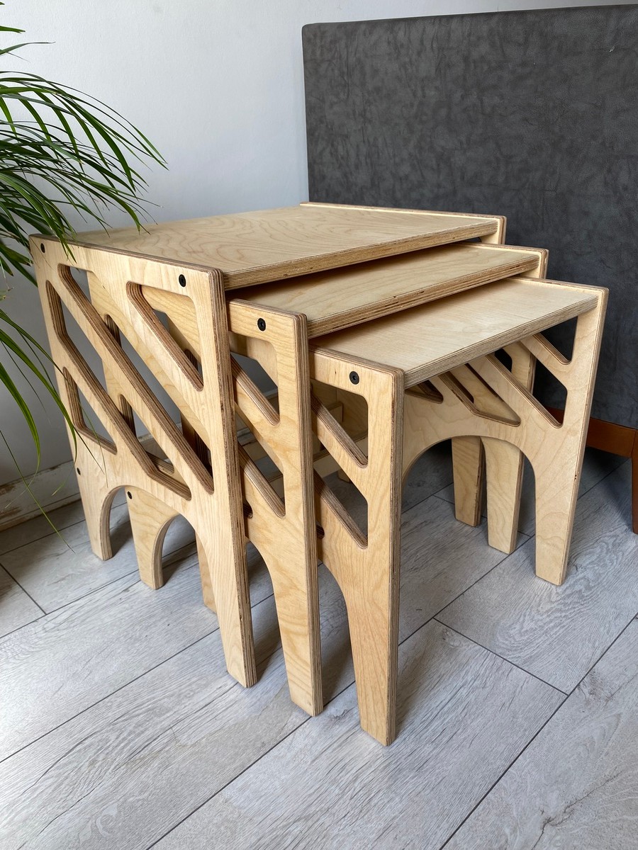 3'lü Huş Ağacı Plywood Folki Zigon Sehpa, Sehpa, Orta Sehpa, Yan Sehpa