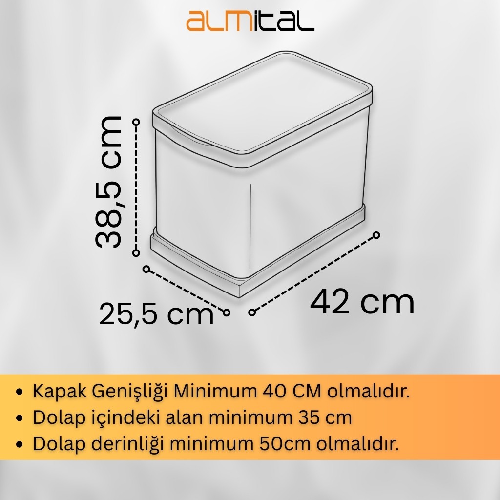 Dolap içi Teleskopik Raylı Paslanmaz Krom Çöp Kovası 24 Litre, minimum kapak genişliği 40 cm.