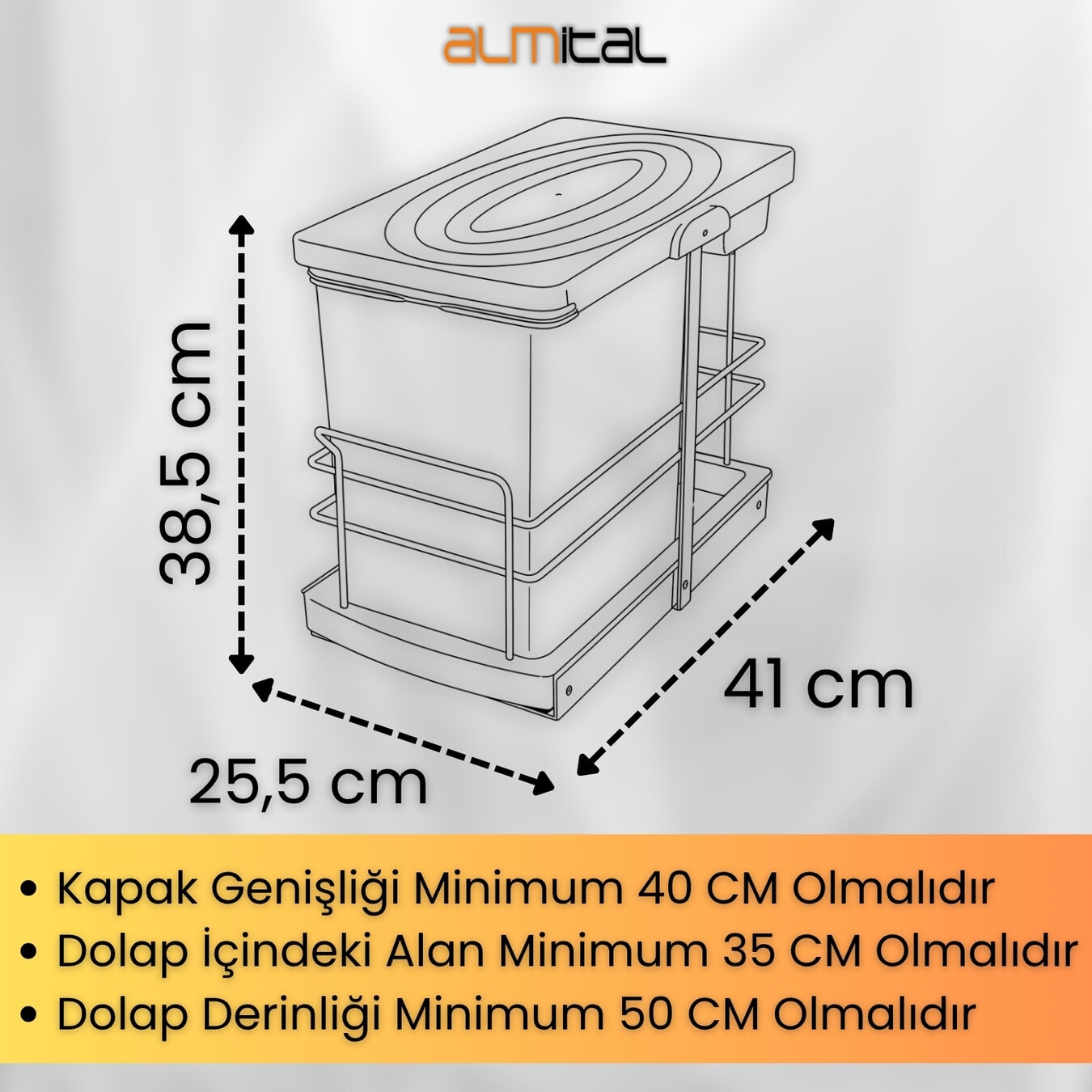 Cassone 16+1 Litre Dolap İçi Raylı Teleskopik Antrasit Çöp Kovası, Minimum Kapak Genişliği 40 cm
