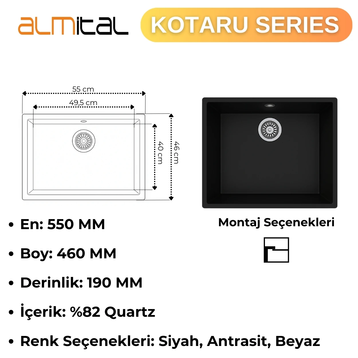 Granit Evye KOTARU Series Black 55x46 (SİYAH) 