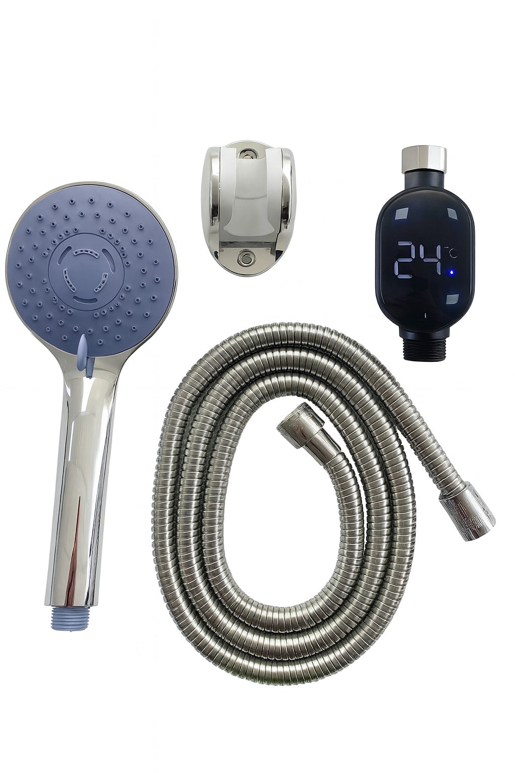 Setti Docia, Krom Duş Seti, 5 Kademe Ayarlı Başlık, Mafsal, Spiral Hortum 