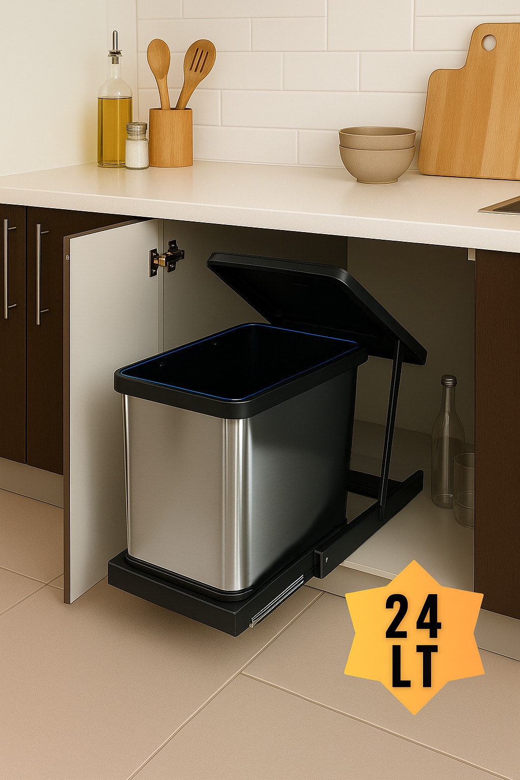 Cassone Dolap içi Teleskopik Raylı Paslanmaz Krom Çöp Kovası 24 Litre, minimum kapak genişliği 40 cm