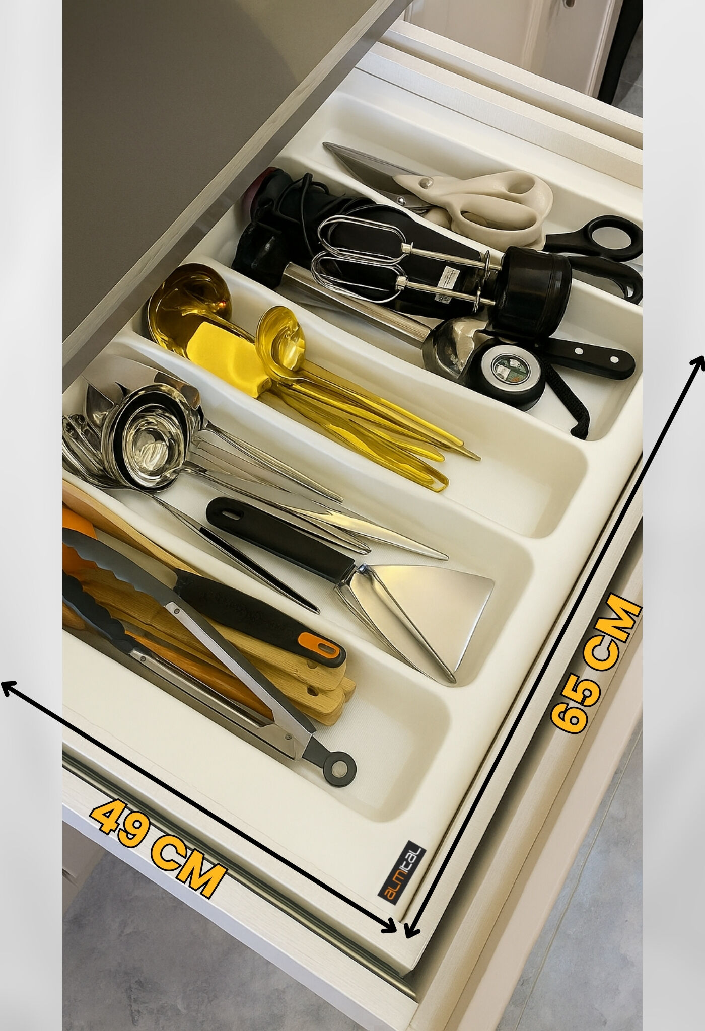 65x49 Cm. 5 Bölmeli Beyaz Çekmece Içi Düzenleyici Kepçelik (60X40 CM'E KADAR KESİLR) Ücretsiz Kesim