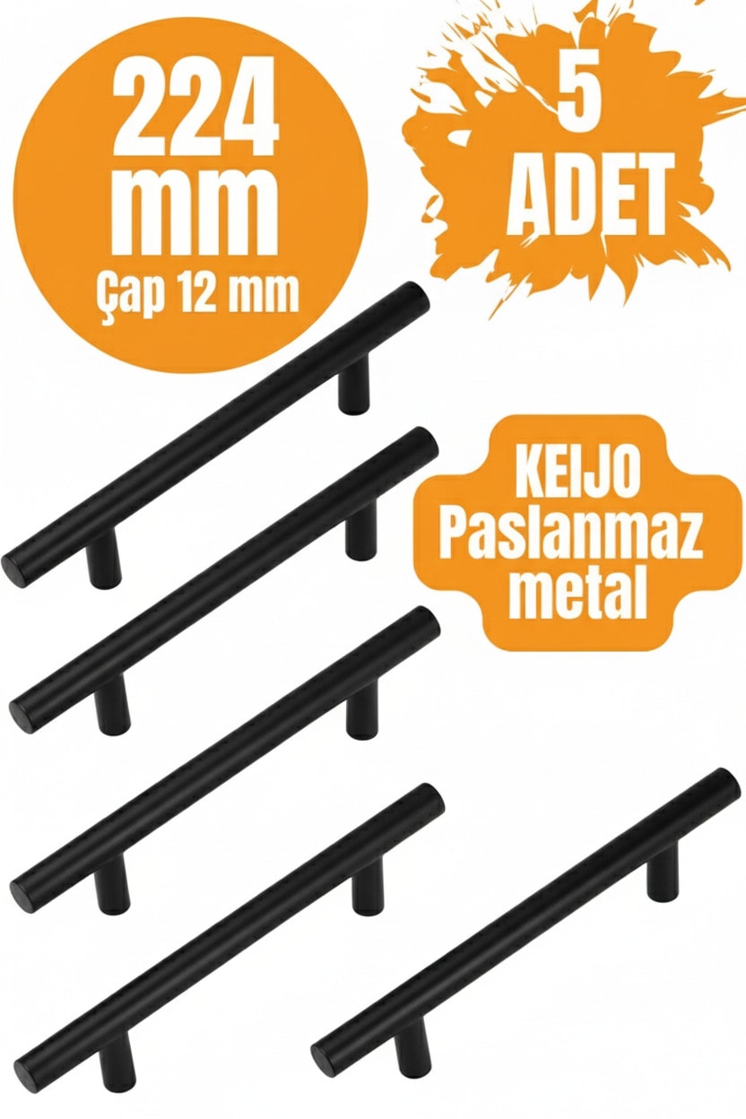5 ADET Keijo SİYAH 224mm Paslanmaz Kulp (mobilya, dolap kulbu, kulp modeli)