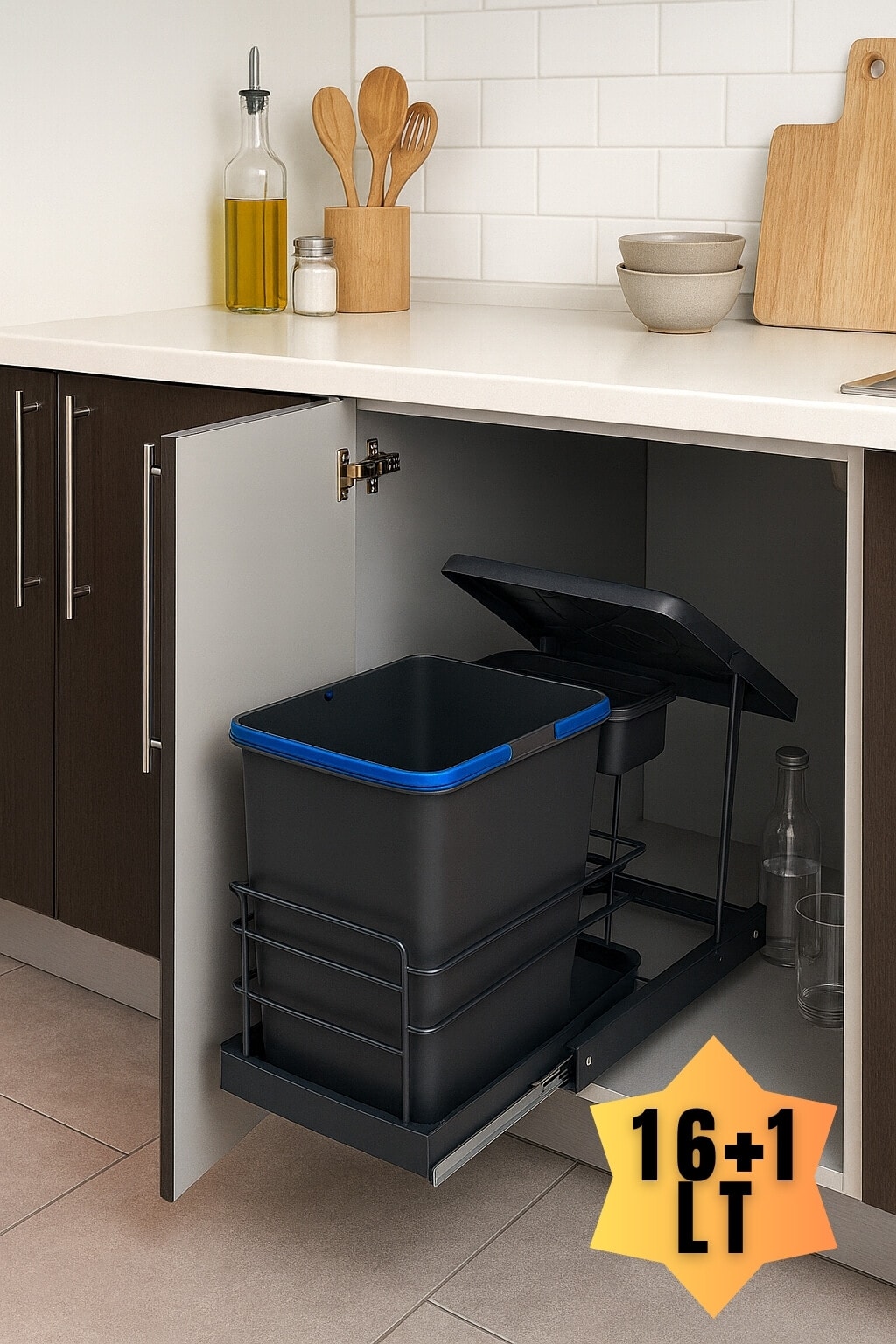 Cassone 16+1 Litre Dolap İçi Raylı Teleskopik Antrasit Çöp Kovası, Minimum Kapak Genişliği 40 cm