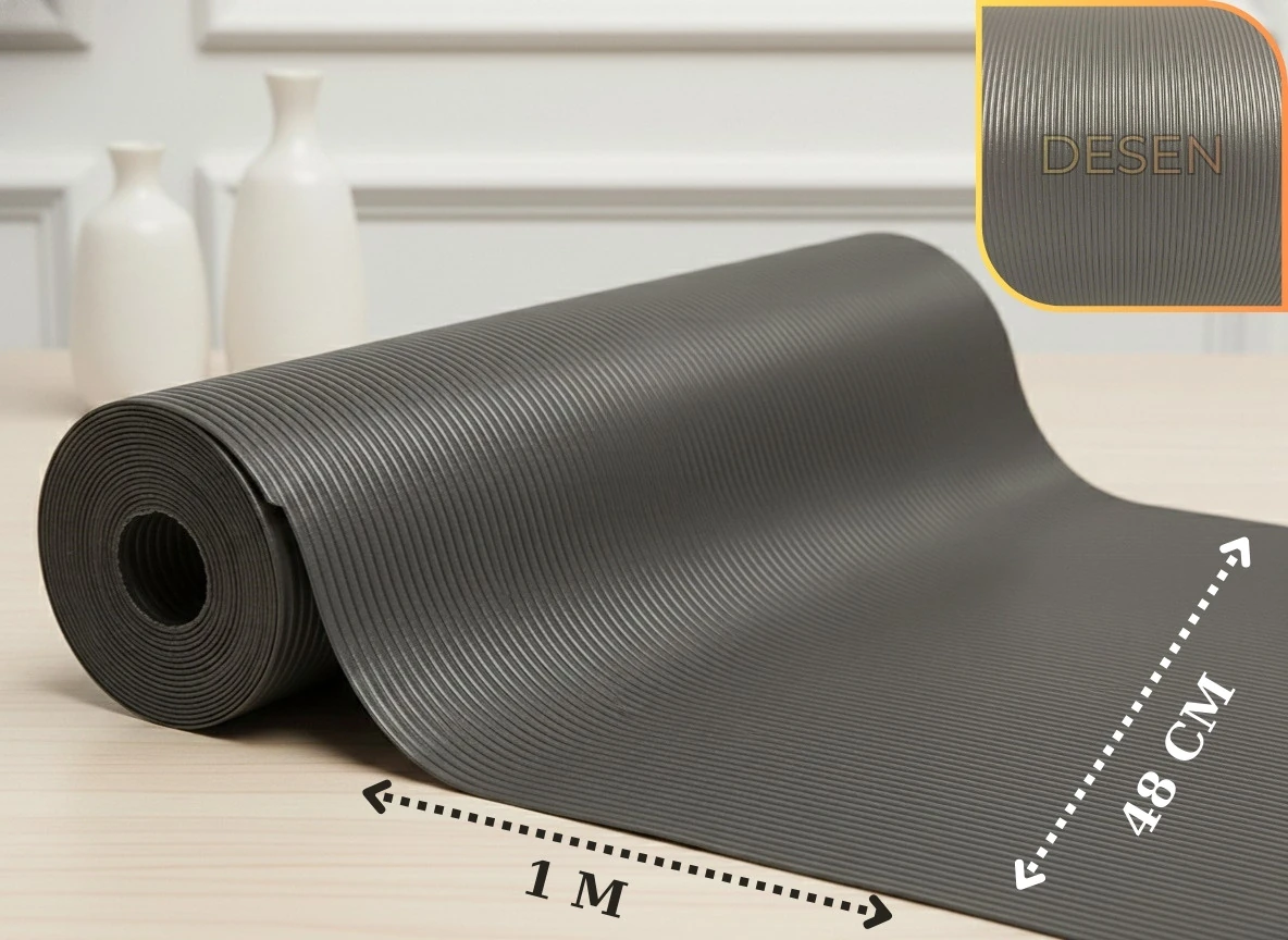 ALMITAL 48 Cm X 1 M Antrasit Çizgi Desenli Suni Deri, Çekmece Içi Kaydırmaz Halı , Raf örtüsü
