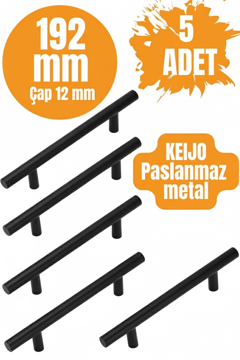 5 ADET Keijo SİYAH 192mm Paslanmaz Kulp (mobilya, dolap kulbu, kulp modeli)