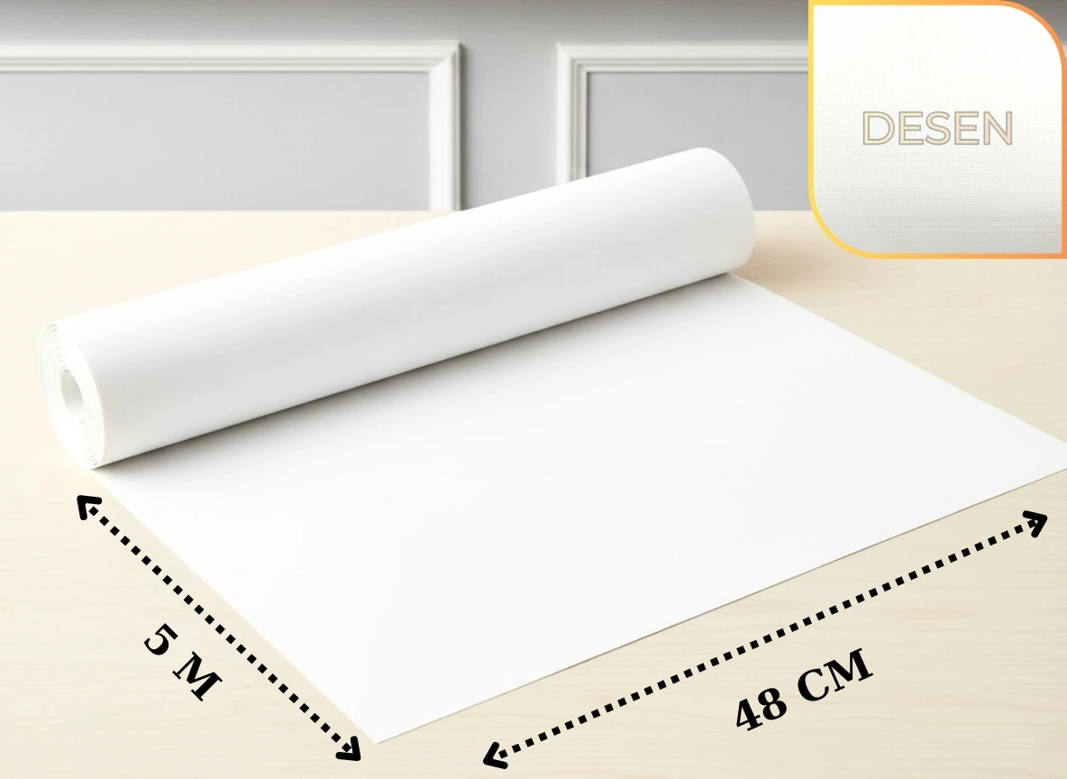 48 cm x 5 metre - BEYAZ - KUMAŞ DESENLİ SUNİ DERİ Çekmece İçi Kaydırmaz Halı , çekmece halısı