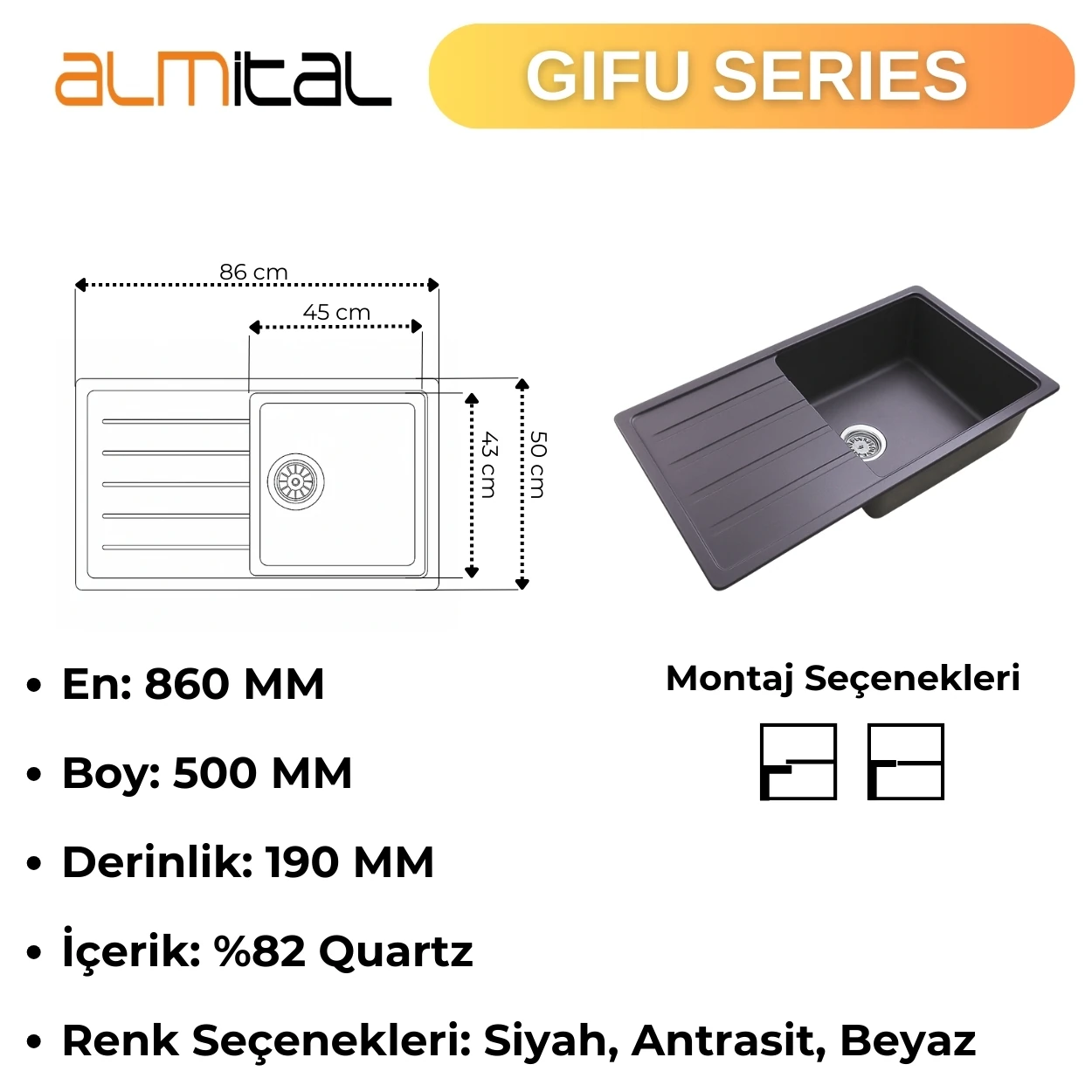 Granit Evye GIFU Series Anthracite 86x50 (ANTRASİT) 