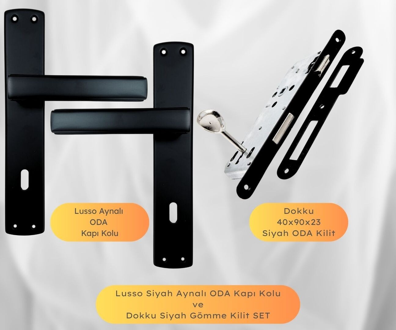 Lusso Siyah Aynalı Oda Kapı Kolu ve 40X23mm Siyah Oda Gömme Kilit Set