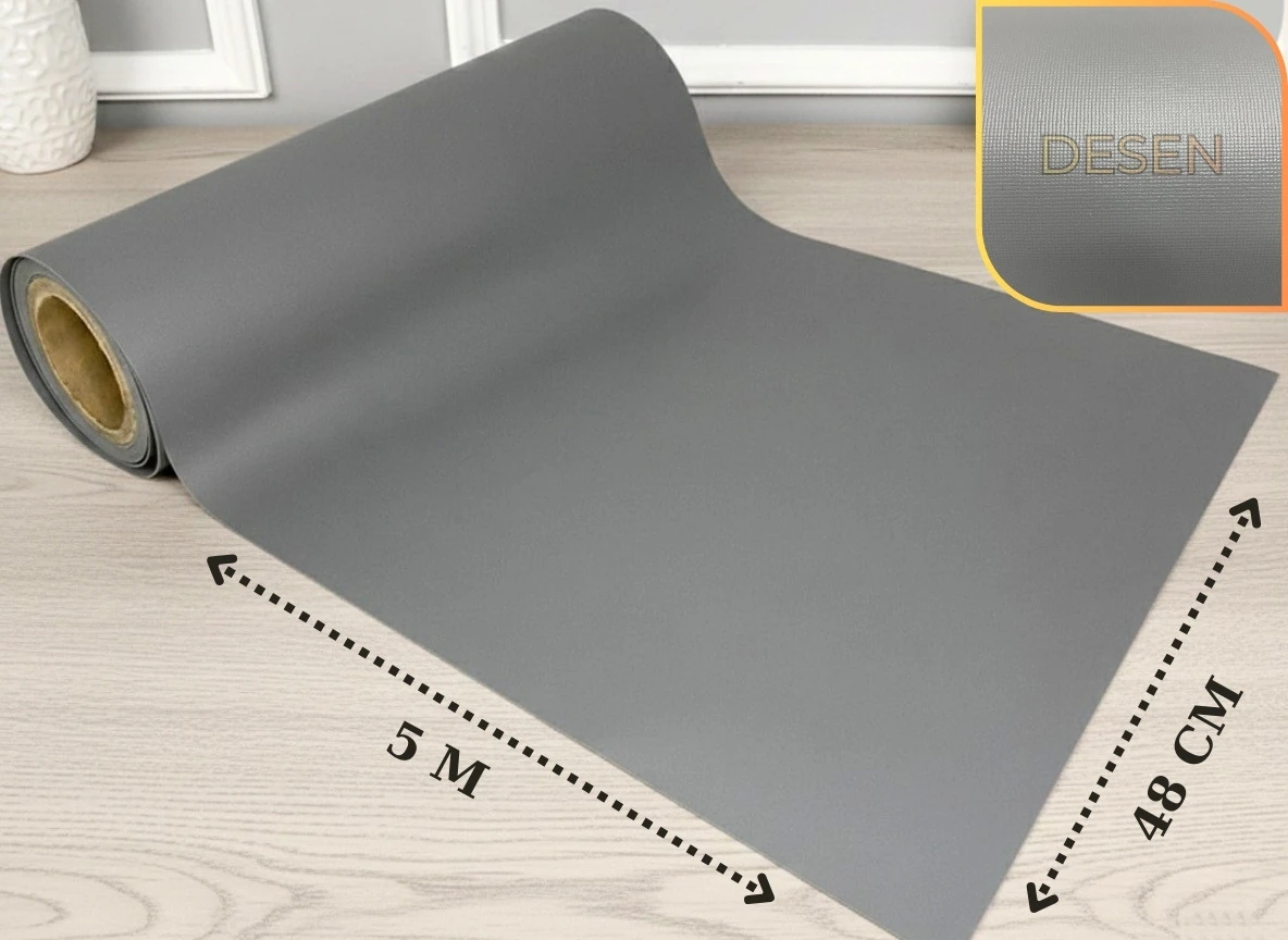 48 cm x 5 metre - AÇIK GRİ KUMAŞ DESENLİ - SUNİ DERİ Çekmece İçi Kaydırmaz Halı , raf örtüsü