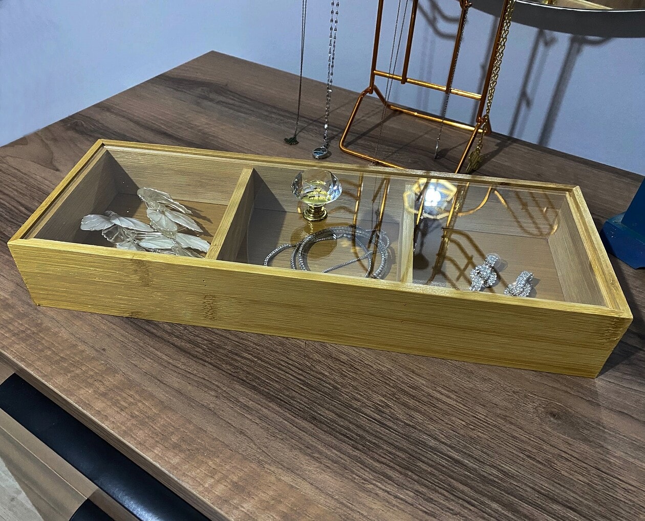 3 Bölmeli Düzenleyici Organizer Bambu Saklama Kutusu, Takı Kutusu, Aksesuar Kutusu 