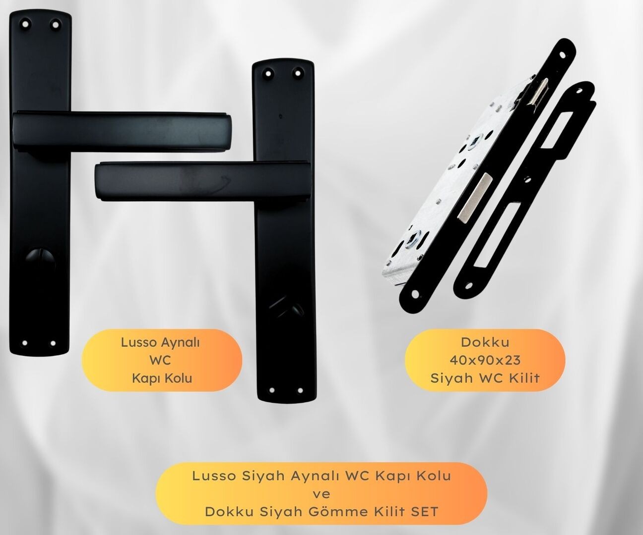 Kapı Kolu ve Kilit Seti, Lusso Siyah Aynalı WC Kapı Kolu ve 40X23mm Siyah WC Gömme Kilit Set