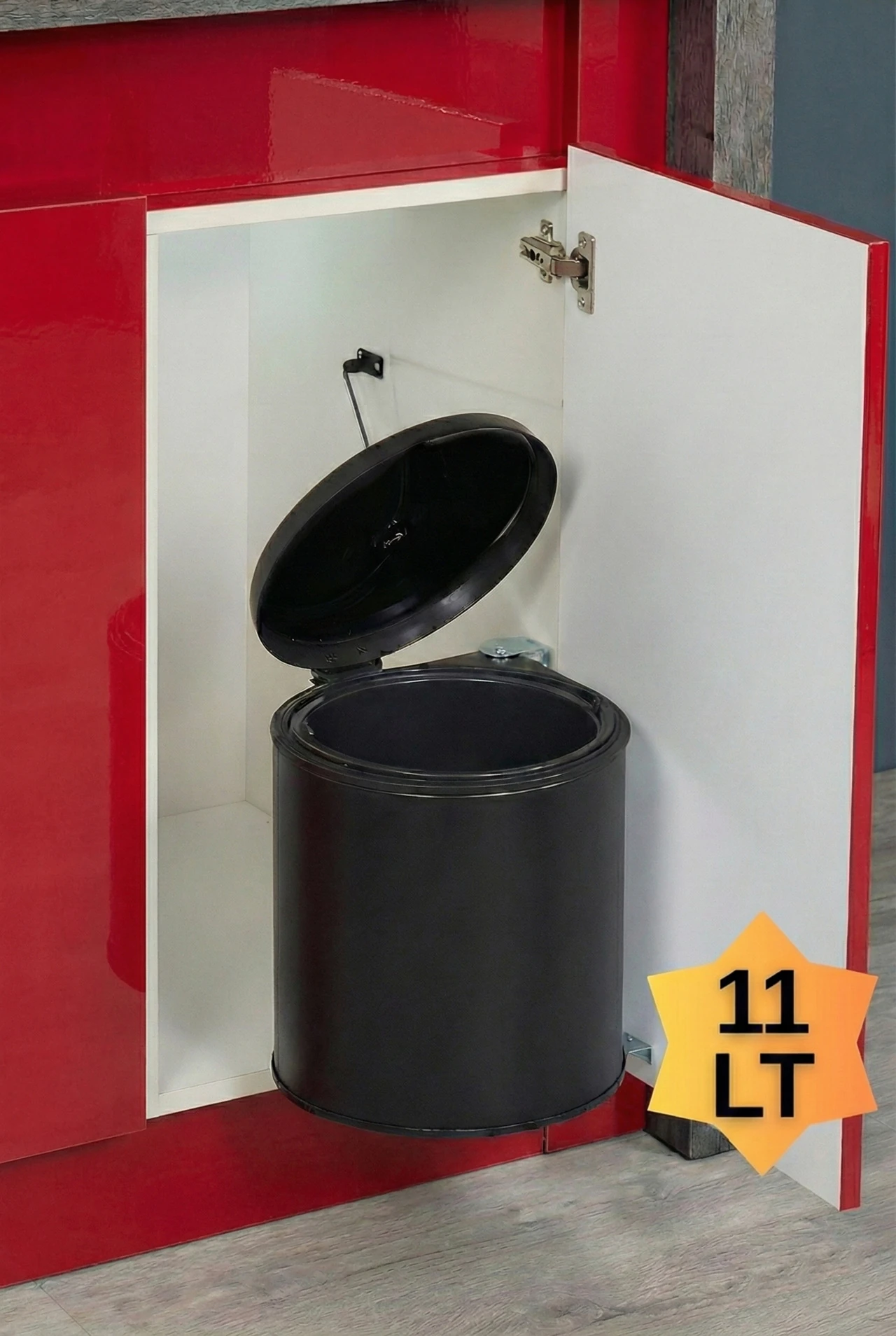 Cassone DOLAP İÇİ MAT SİYAH METAL LUKS ÇÖP KOVASI 11 LT , OTOMATİK AÇILIR KAPAKLI