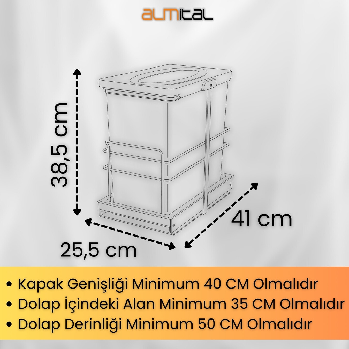 Cassone Dolap içi Teleskopik Raylı ANTRASİT Çöp Kovası 24 Litre, minimum kapak genişliği 40 cm. 