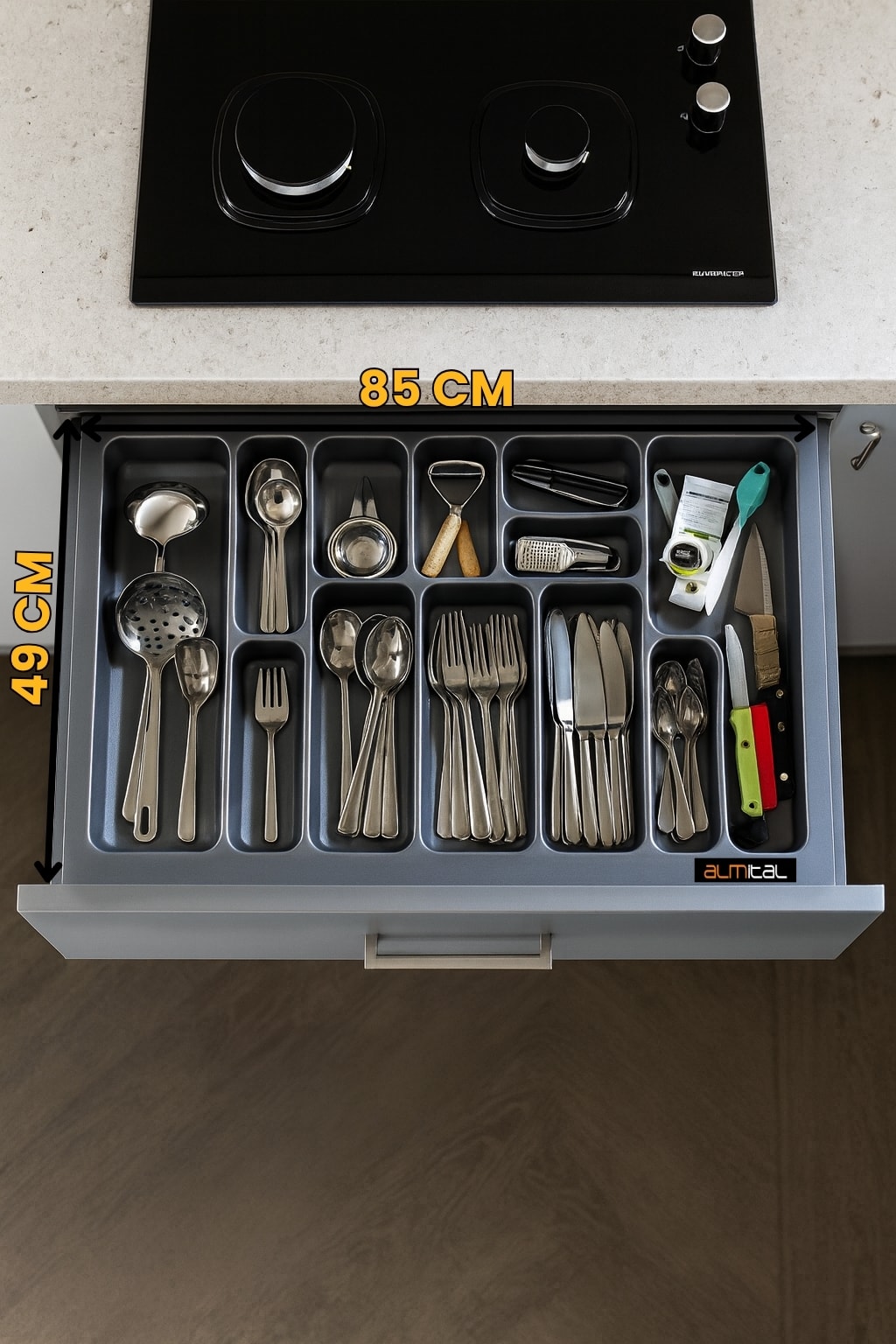 85x49 cm_Antrasit  mikro kabartma desenli çekmece içi kaşıklık, ücretsiz kesim