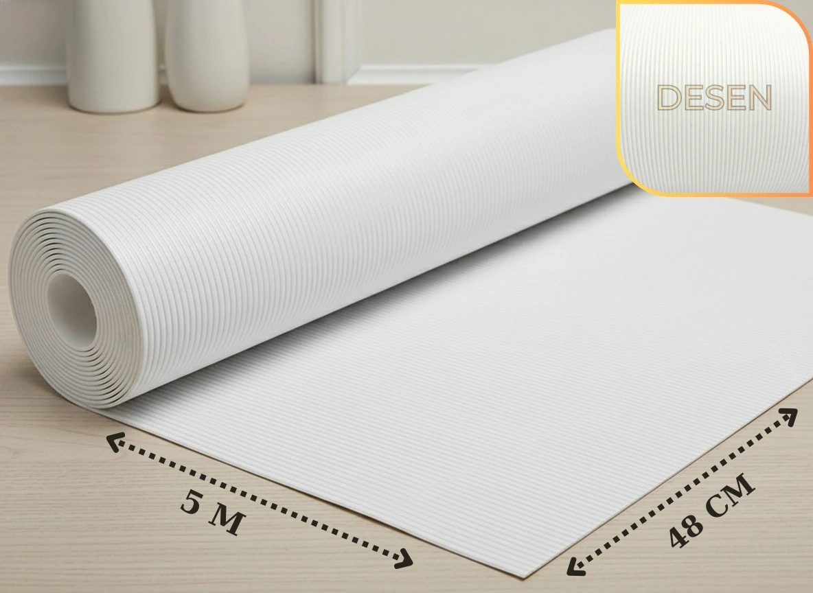 Almital 48 Cm X 5 M Beyaz Çizgi Desenli Suni Deri, Çekmece içi Kaydırmaz Çekmece Halısı, raf örtüsü