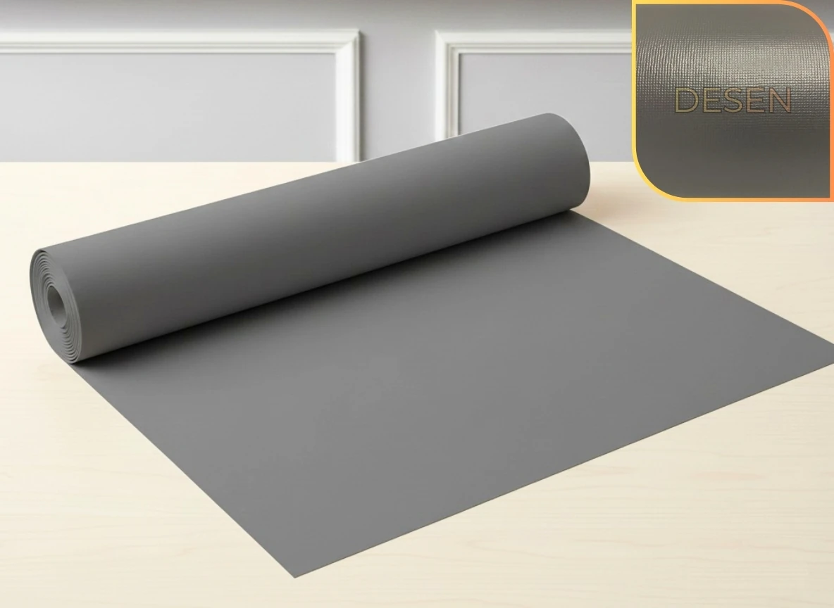 48 cm x 5 m - Antrasit suni deri, kumaş desenli, Çekmece İçi Kaydırmaz Halı , Raf Örtüsü