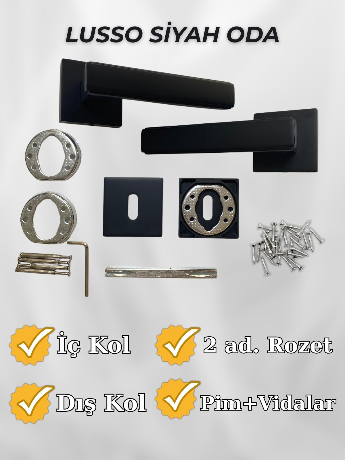 Lusso SİYAH Kare Rozetli Kapı Kolu Lüks Oda Kapı Kolu