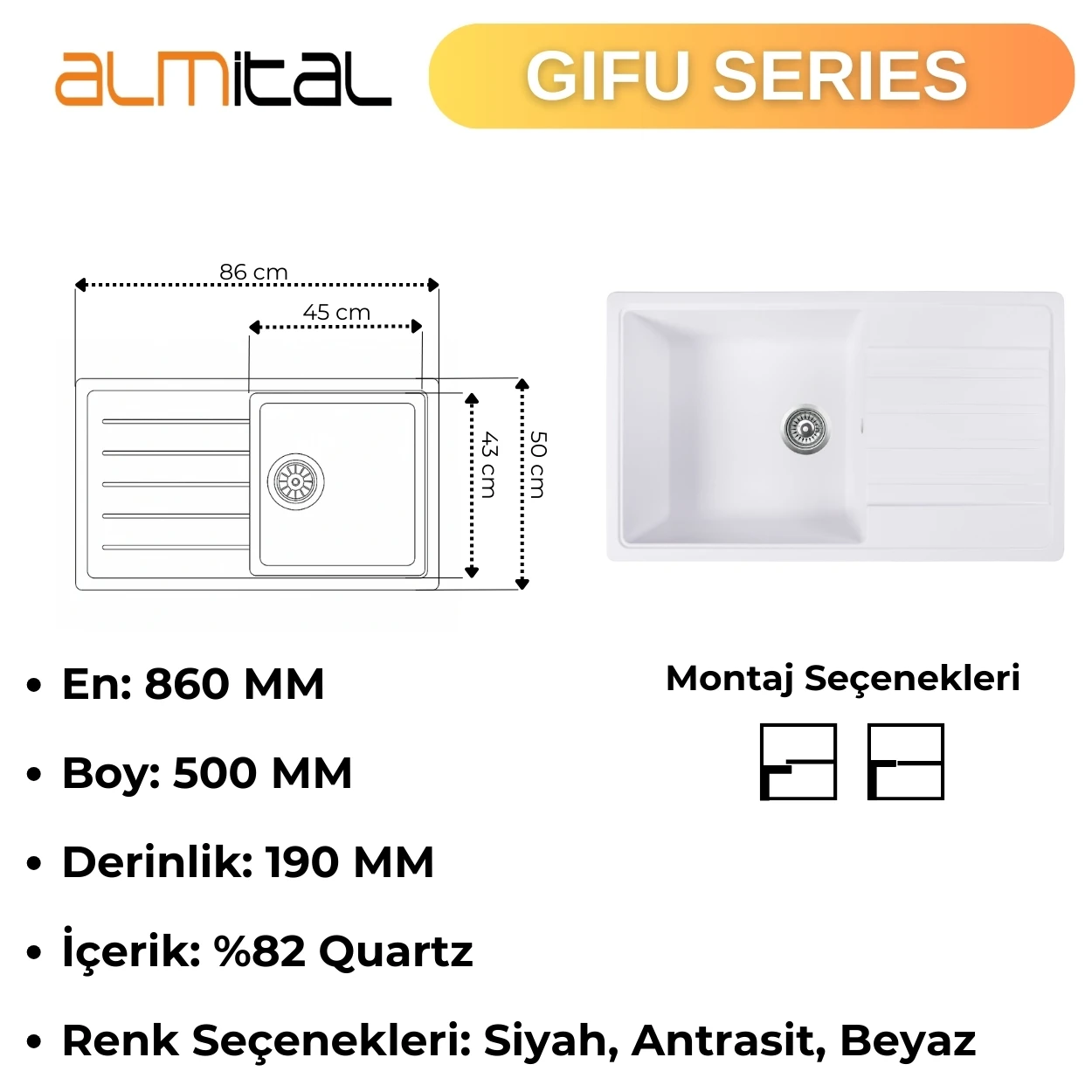 Granit Evye GIFU Series White 86x50 (BEYAZ) 