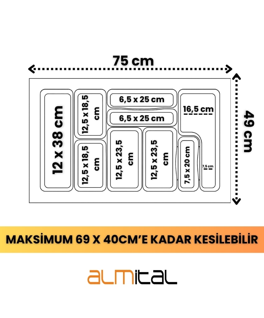 75x49 cm. 9 Bölmeli Mikro Kabartma Desenli Kaşıklık, 69x40 cm'e kadar kesilebilir. 