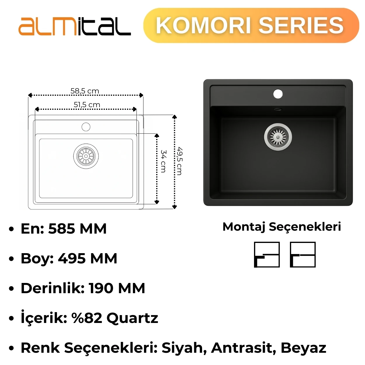 Granit Evye KOMORI Series Black 58,5x49,5 (SİYAH) 