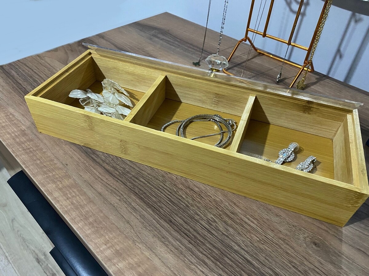 3 Bölmeli Düzenleyici Organizer Bambu Saklama Kutusu, Takı Kutusu, Aksesuar Kutusu 