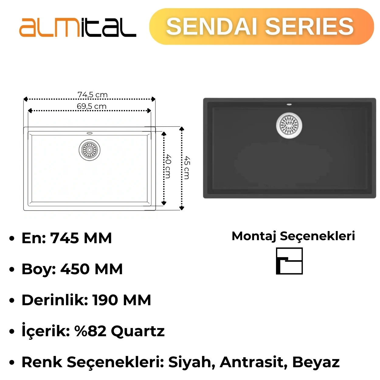 Granit Evye SENDAI Series Black 74,5x45 (SİYAH) 
