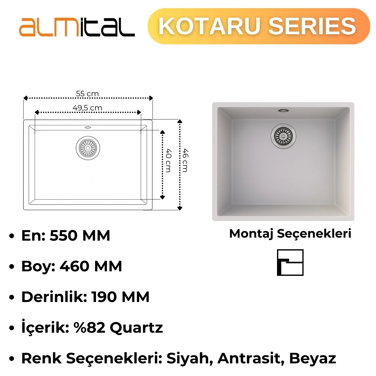Granit Evye KOTARU Series White 55x46 (BEYAZ) 